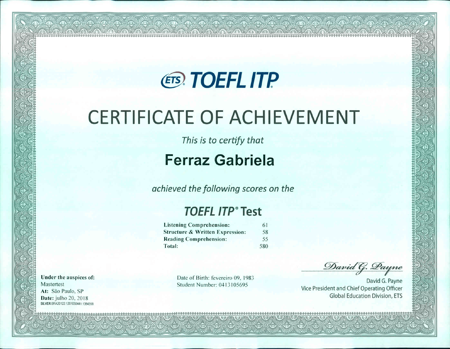 Образец сертефиката TOEFL